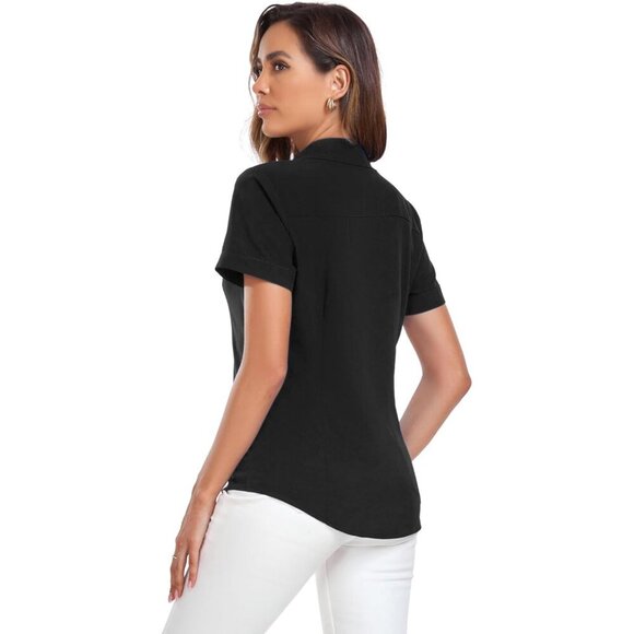 Women's Short Sleeve Button Down Shirt Polyester Spandex Office Casual - Picture 5 of 7